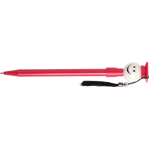 A red pen featuring a smiling face on the top and a tassel attached. It includes a branding logo.