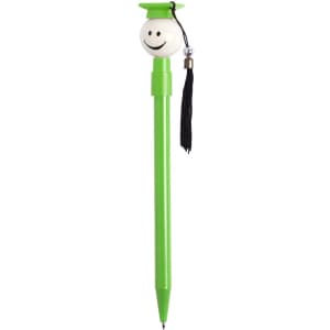 A green pen featuring a smiling graduate character with a tassel on its cap.