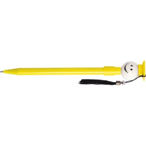A yellow pen with a smiley face topper and a black tassel, featuring a logo on the body.