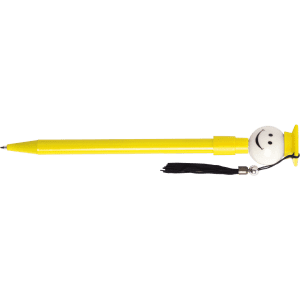 A yellow pen featuring a smiley face on the top and a tassel attached. It has a sleek design.