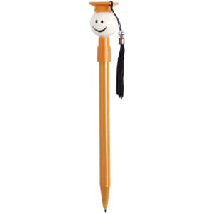 An orange pen with a smiling graduation cap design and a black tassel. It features a logo at the top.