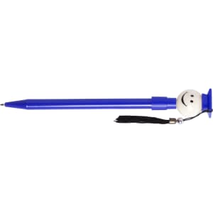 A blue pen with a smiling face topper and a black tassel attached. The pen features a branding logo.