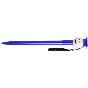 A blue pen featuring a smiley face on top and a tassel attached. It has a simple design with a cheerful appearance.