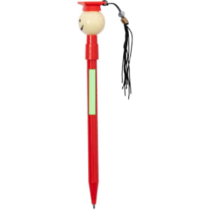 A red pen featuring a smiling cap design, with a tassel and a blank area for customisation.