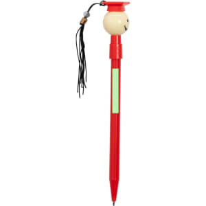 A red pen with a smiling head and a tassel, featuring a logo on its body.