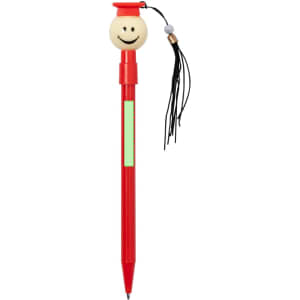 A red pen with a smiling face topper, a graduation cap, and a tassel. It features a branding logo.