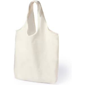 A white tote bag with a simple design and a single branding logo.