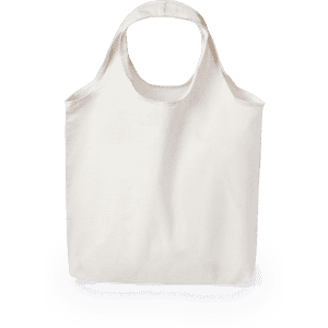 A cream tote bag with sturdy handles and a simple design, featuring a logo.