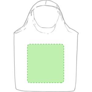 A tote bag in a light colour, featuring a plain green square design and a design logo.