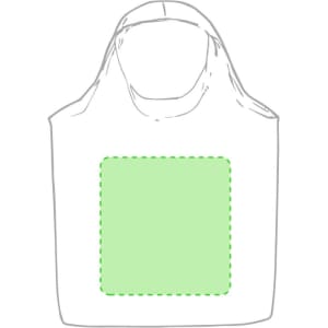 A tote bag in white with a green square patch and a rounded handle, featuring a logo.