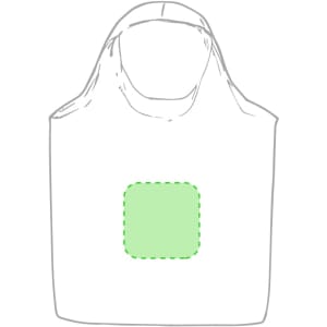 A white tote bag with a rounded handle and a green square design in the centre. It features a logo.