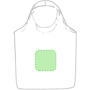 A white tote bag with a green square design in the centre, featuring a simple handle and no additional details.