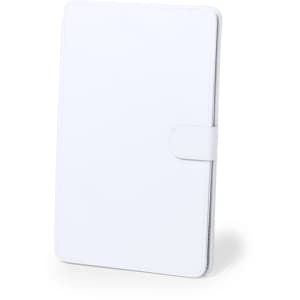 A white tablet holder with a sleek design and a clasp closure, featuring a logo on the front.