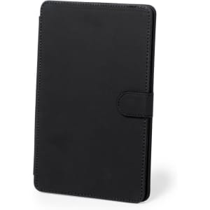 A black tablet holder with a closure flap and stitched detailing, featuring a subtle logo on the cover.
