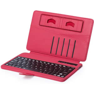 A red keyboard holder with a textured cover, featuring slots for cards and a keyboard. It has a logo on the front.