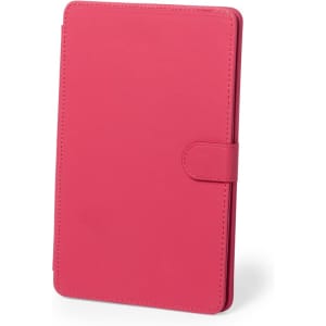 A pink tablet holder with a flap closure, featuring a smooth finish and a simple design.