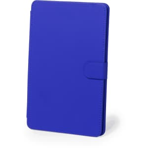 A blue tablet holder with a flap closure, featuring a sleek design and minimalist style. It has a branding logo on it.