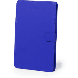 A blue keyboard holder with a flap closure, featuring a smooth surface and rounded edges.