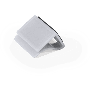A white rectangular webcam cover with a sliding mechanism and a black backing. It features a logo.