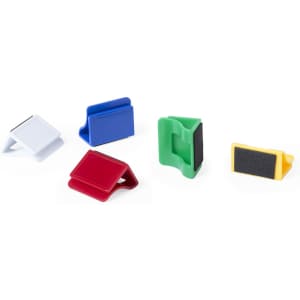A variety of webcam covers in white, red, blue, green, and yellow with a logo on some.