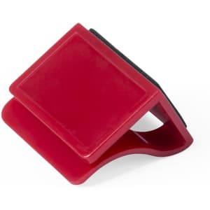 A red webcam cover with a sleek, curved design, featuring a black interior for secure placement.
