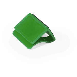 A green webcam cover with a rectangular design and a slide mechanism. It features a logo on the surface.