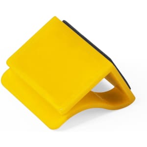 A yellow webcam cover with a sleek design and a black inner lining, featuring a logo.