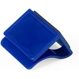 A blue webcam cover with a curved design and a black interior, featuring a logo on one side.