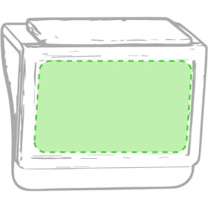 A webcam cover in a white and green design featuring a rectangular sliding cover. It has a simple logo on one side.