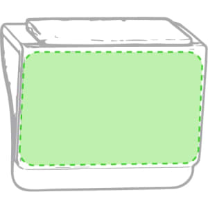 A green webcam cover with a simple design, featuring rounded edges and a logo on one side.