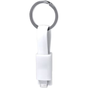 A white charging cable with a keyring attachment, featuring a sleek design and a metal ring.