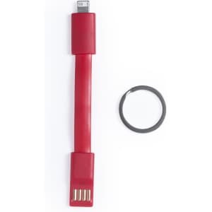 A red charging cable with a connector on one end and a keyring included.