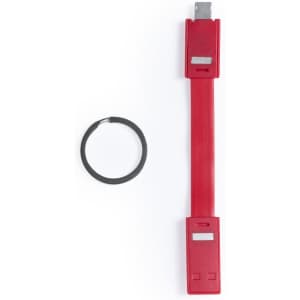 A red charging cable with connectors on both ends, accompanied by a black ring for storage or organisation.