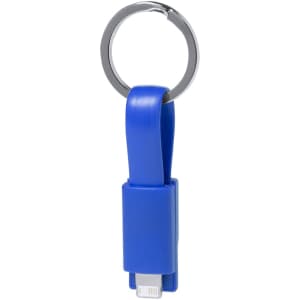 A blue charging cable keychain with a keyring attachment and a connector end.