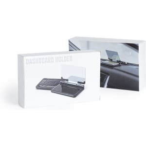 A dashboard holder product in a white box, featuring a black phone holder visible on the packaging images.
