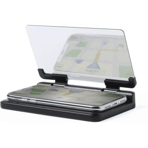 A phone holder in black displaying a smartphone with a map on the screen, featuring a transparent protective cover.