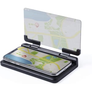 A black dashboard phone holder with a transparent screen displaying a map on a smartphone.