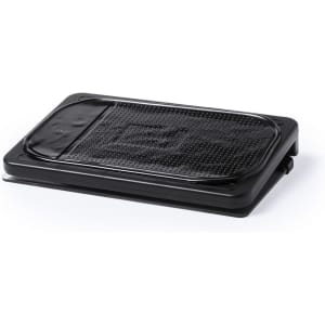 A black car phone holder with a textured surface and a compact design, featuring a logo.