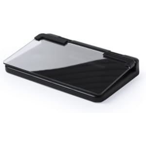 A black phone holder with a transparent top surface, featuring clips on either side for securing devices.