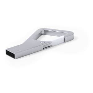 A silver 8GB USB memory flash drive with a unique, sleek design and a logo on it.