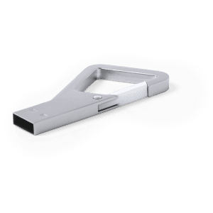 A silver Drelan 8GB USB memory drive with a unique, hinged design and a built-in keyring.