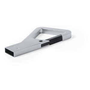 A silver 8GB USB memory drive with a distinctive triangular design and a black accent. It features a sleek finish and branding.