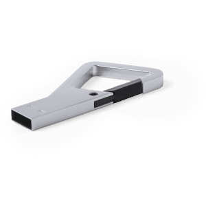 A silver 8GB USB memory drive with a sleek design and a black accent, featuring a logo.
