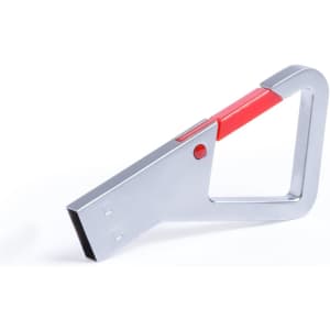 A silver USB memory drive with a red handle design, resembling a carabiner, featuring a logo.
