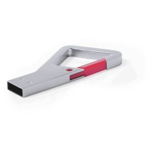 A silver and red Drelan 8GB USB memory flash drive with a unique triangular design and a logo on it.