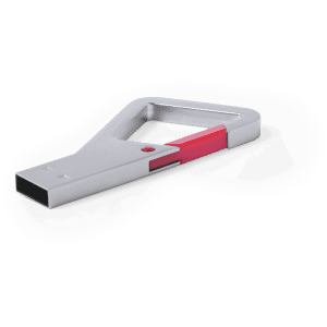 A silver and red Drelan 8GB USB memory flash drive with a unique, angled design and a branding logo.