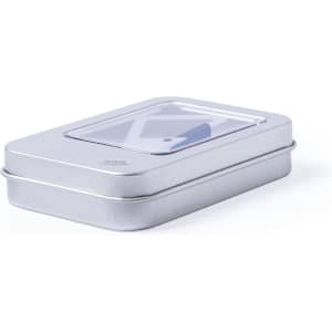 A metal tin with a transparent lid, containing a USB flash drive in a colour combination of blue and white.