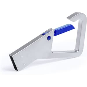 A silver and blue USB memory drive with a unique hook design, featuring a simple logo on the surface.