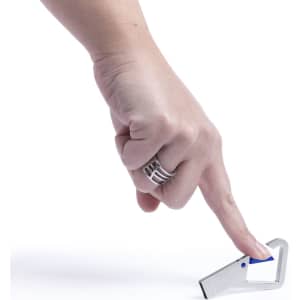 A hand pressing a blue button on a silver Drelan 8GB USB memory drive on a white surface.