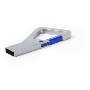 A silver and blue Drelan 8GB USB memory flash drive with a unique design and a built-in loop for attachment.